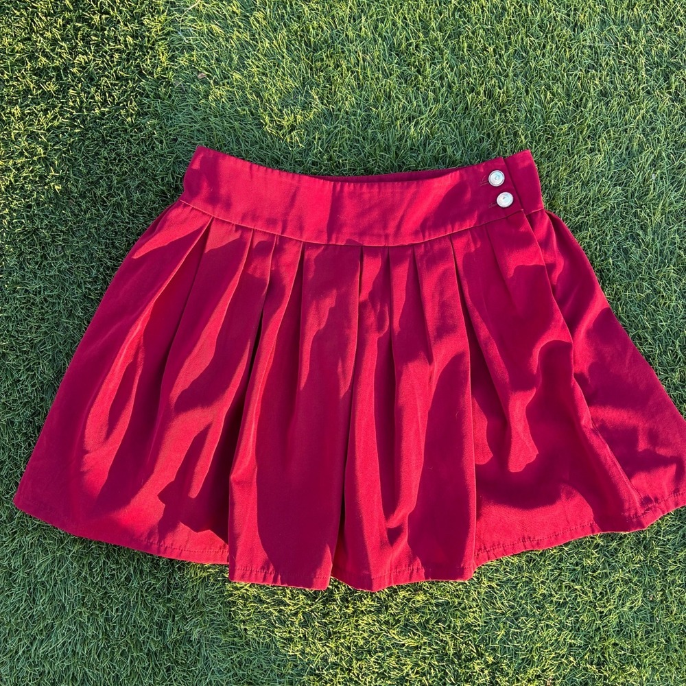 Vintage Chouyatou Womens Medium Pleated Mini Skirt Dark Red High Waisted Button